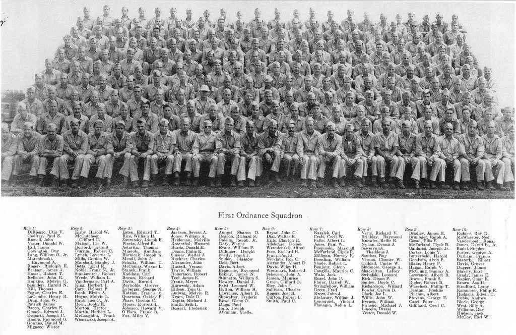 The 1st Ordnance Squadron at Tinian Island. Mendl is pictured on the 3rd row, 8th from the left.